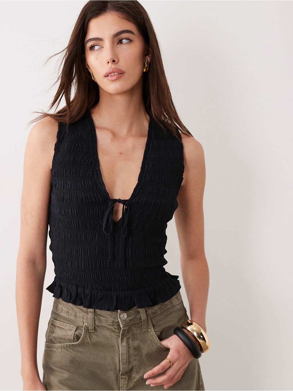 Abercrombie & Fitch Black Smocked V-Neck Tie-Front Camisole